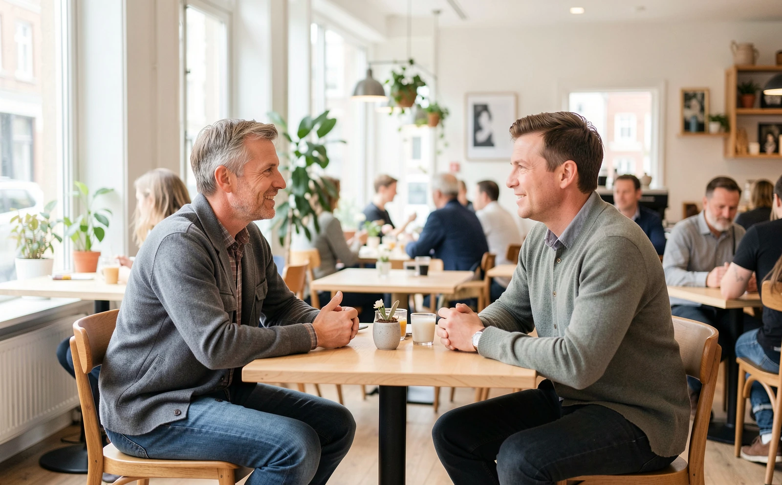 To voksne mødes på en åben og stilfuld café